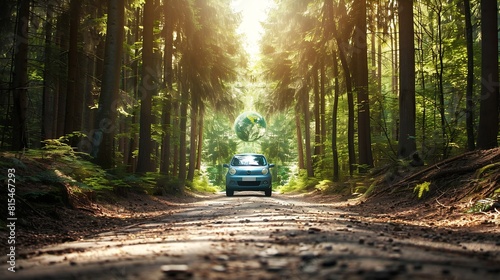 Eco car on forest road with earth planet going through forest Ecosystem ecology healthy environment road trip travel Eco car with nature Electric car and earth EV electrical energy for : Generative AI