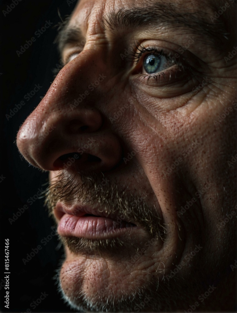 Close-up portrait of a man's face, with a focus on his eye and nose. AI. Close-up portrait of a man's face, with a focus on his eye and nose. AI.