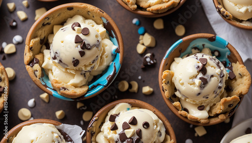 There are four bowls made of chocolate chip cookies, each filled with vanilla ice cream and chocolate chips.

 photo