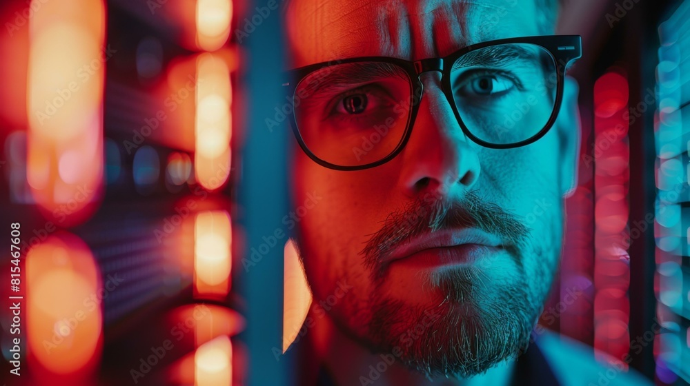 Portrait of a man wearing glasses with red and blue neon lights reflecting on his face. AI. Portrait of a man wearing glasses with red and blue neon lights reflecting on his face. AI.