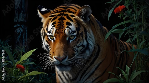 Angry tiger,Sumatran tiger (Panthera tigris sumatrae) beautiful animal and his portrait.generative.ai  photo
