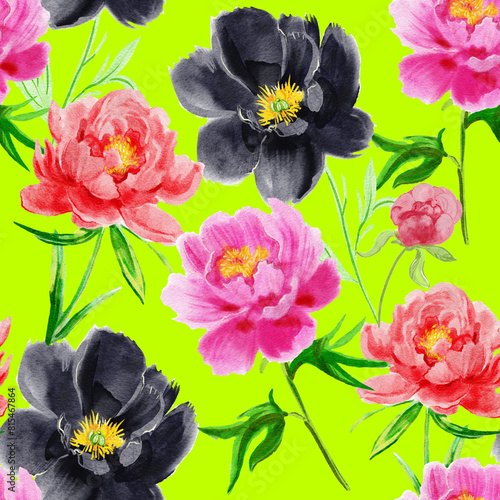 Watercolor hand drawn peony flowers on bright green background.  © Olesia La