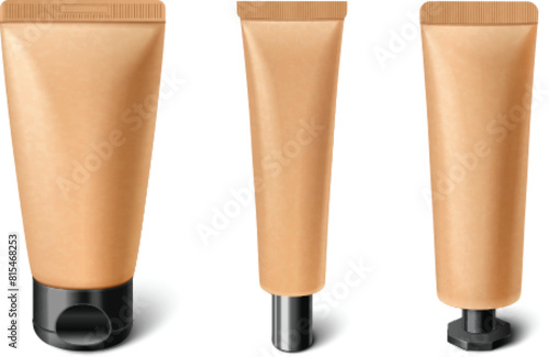 Closed brown cosmetic tube mockup with different shape black cap. Realistic vector illustration set of skincare cream, toothpaste or beauty cleanser package template. Blank plastic container.