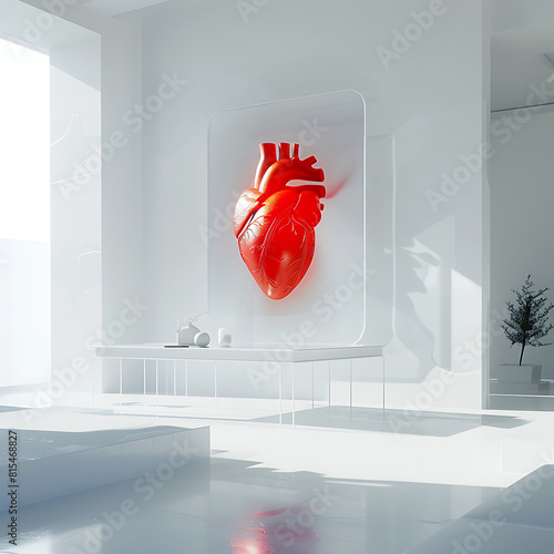 A large tablet displaying a vibrant red holographic 3D heart, laid on a white table within a clean, white room