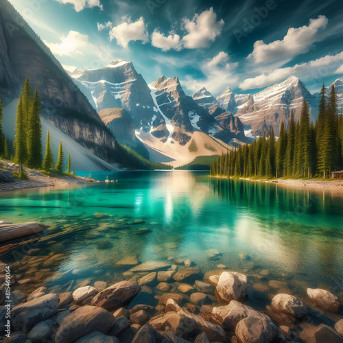 Wild river waterfall in mountain forest. Fantastic evening panorama of Bachalp lake / Bachalpsee, Switzerland. Picturesque autumn sunset in Swiss alps, Grindelwald, Bernese Oberland, Europe.  photo