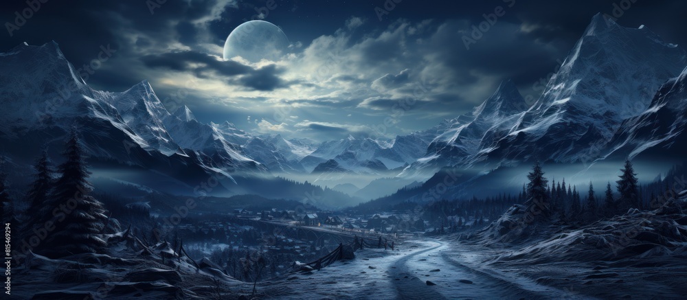Mystical Mountain Village Night, Winter landscape with snowy mountains and moon. Panoramic view.