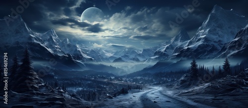 Mystical Mountain Village Night, Winter landscape with snowy mountains and moon. Panoramic view. photo