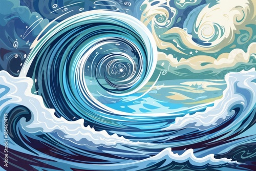 Cartoon cute doodles of a cyclone forming over the ocean, with its spiral pattern conforming to the golden ratio sequence, Generative AI photo