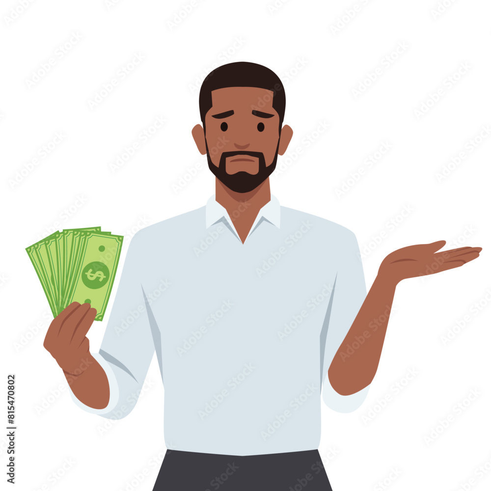 A man confused about how to invest holding money dollar. Flat vector illustration isolated on white background A man confused about how to invest holding money dollar. Flat vector illustration isolated on white background