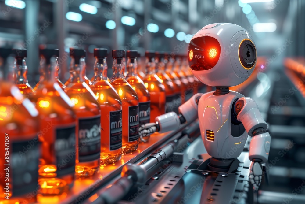 Bottles with cognac on a conveyor line in a factory and an artificial intelligence robot, packaging, processing and export Bottles with cognac on a conveyor line in a factory and an artificial intelligence robot, packaging, processing and export