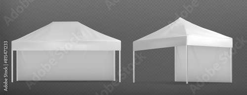 Outdoor festival tents set isolated on transparent background. Vector realistic illustration of trade fair pavilion front and side view, empty white canopy with blank space for commercial branding
