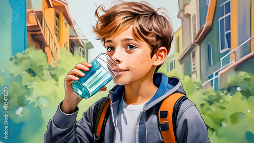 Watercolor painting of a boy drinking fresh water , healthy care,