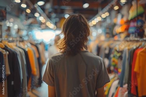 back view of young man looking at clothes in clothing store on blurred background, A girl in loose fitting clothes is choosing clothes in a store, brown long hair, hanger with a Tshirt photo