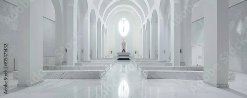 Cathedral transept with clean white marble minimalist arches defining sacred space