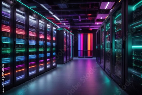 Data center server room with server racks and telecommunication equipment with modern technology