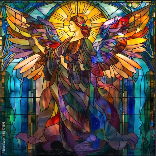 An angel standing guard at the gates of paradise captured in the vibrant colors of stained glass