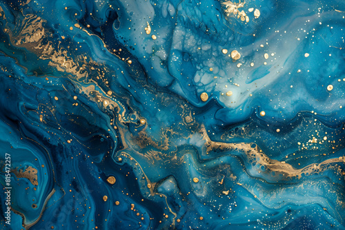 Abstract marbleized effect background. Blue creative colors. Beautiful paint with the addition of gold photo