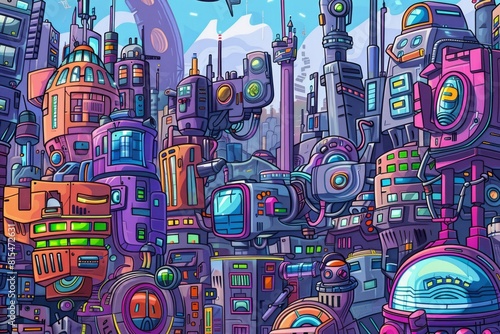 Cartoon cute doodles of industrial-inspired digital art, featuring futuristic cityscapes, cyborgs, and robots rendered in a playful, Generative AI 