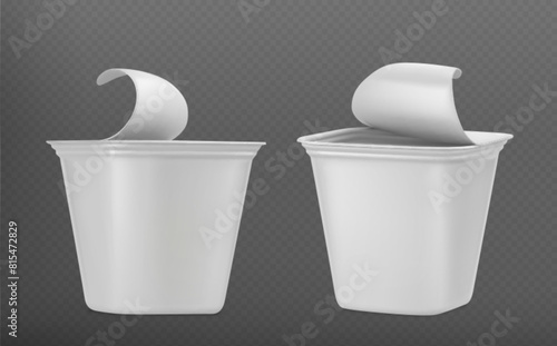 3d open lid yogurt plastic container package mockup. White realistic yoghurt cream pot with foil cap cover isolated mock up template. Blank food tub packaging for jam or healthy dairy vector set