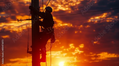 Electrician Working on Utility Pole at Sunset