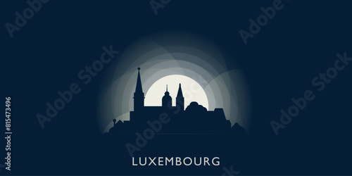 Luxembourg cityscape skyline city panorama vector flat modern banner illustration. Travel image idea with landmarks and building silhouettes at sunrise sunset night
