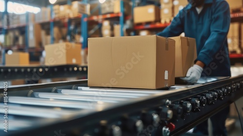 Conveyor belt perspective of a worker packing shipping boxes. Highlight the machinery manufacturing process 