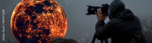 Photographer capturing the phenomenon of a red moon, camera on tripod focused on the celestial spectacle, remote dark sky location photo