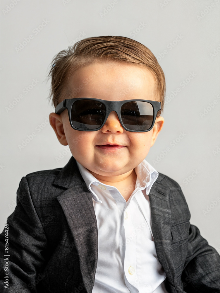 Smiling child dressed in an adult suit and in sunglasses. Boy with a happy face. Child businessman on white background Smiling child dressed in an adult suit and in sunglasses. Boy with a happy face. Child businessman on white background