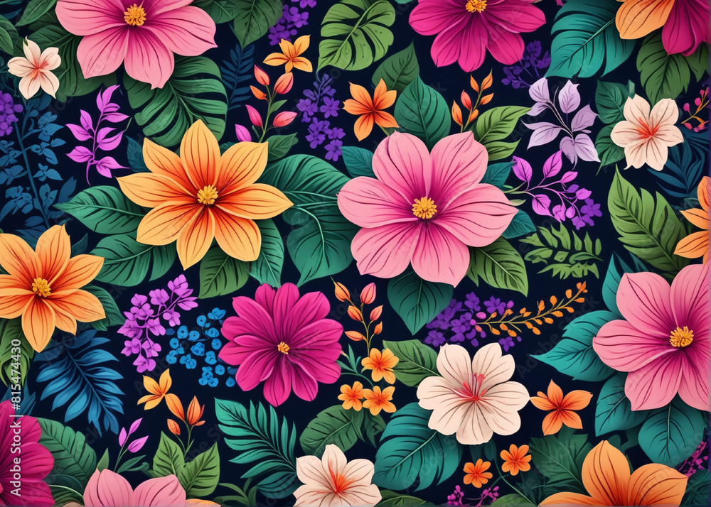 Lush floral pattern with vivid flowers and leaves, background for invitation Lush floral pattern with vivid flowers and leaves, background for invitation