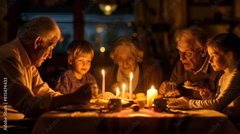 Four generations of family members gathered around a dining table, their faces aglow with candlelight as they share a festive holiday meal. Dynamic and dramatic composition, with c