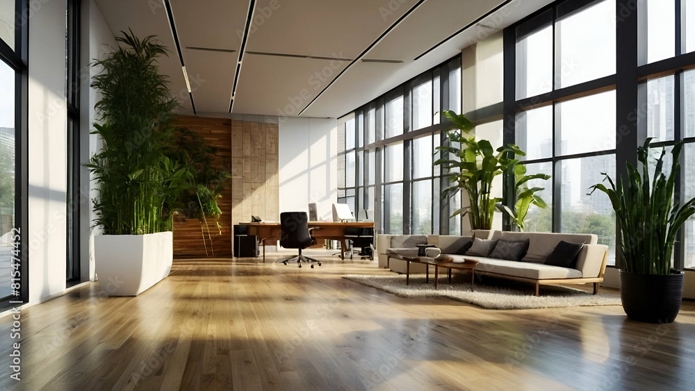 Fototapeta premium A modern, eco-friendly office with large windows letting in abundant natural light