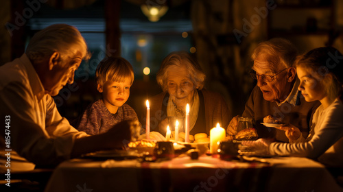 Four generations of family members gathered around a dining table  their faces aglow with candlelight as they share a festive holiday meal. Dynamic and dramatic composition  with c