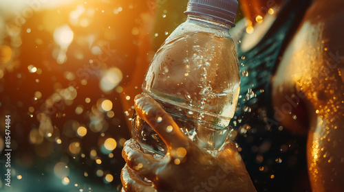 A close-up shot of a person hydrating with a water bottle during a high-intensity workout session  beads of sweat glistening on their skin  highlighting the importance of staying h