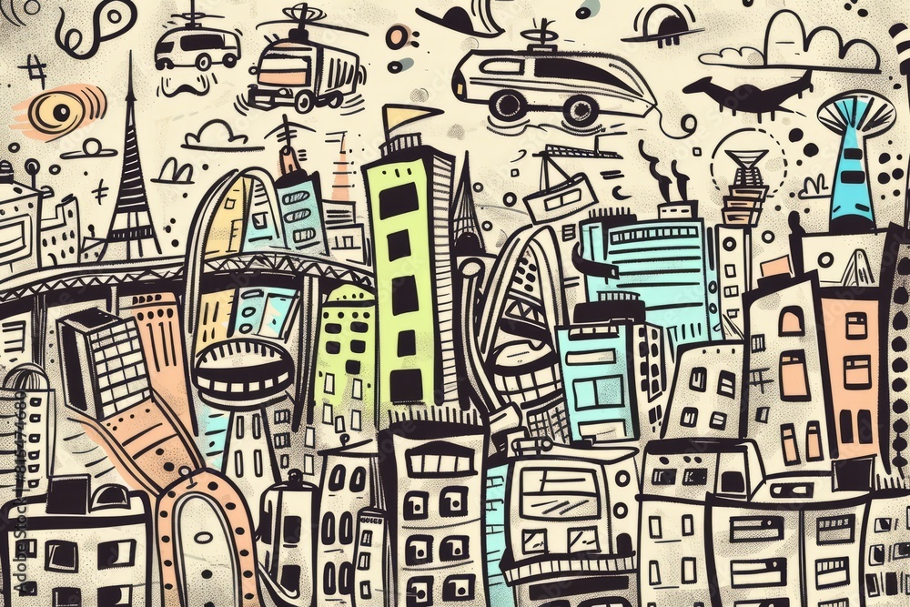 Obraz premium Cartoon cute doodles of industrial-style sketches capturing the raw energy and movement of city life, with sketches of buildings, bridges, Generative AI 
