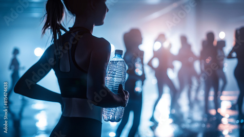 A dynamic scene of a fitness class participating in a synchronized water bottle break, highlighting the collective effort to normalize water balance and promote healthy hydration h photo