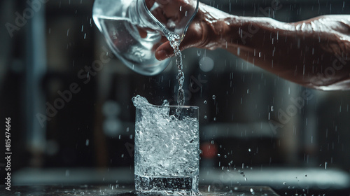 An action shot of a person pouring water from a pitcher into a glass, their muscles glistening with sweat from an intense exercise routine, emphasizing the importance of hydration photo