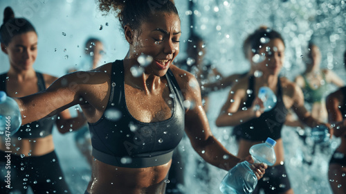 A dynamic scene of a fitness class participating in a synchronized water bottle break, highlighting the collective effort to normalize water balance and promote healthy hydration h photo