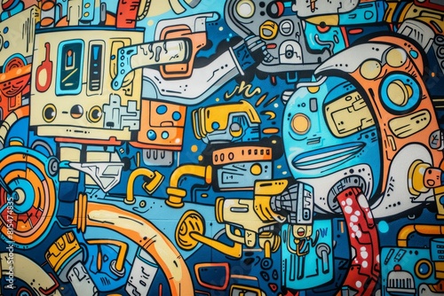 Cartoon cute doodles of industrial-style street art  with murals  graffiti  and stencils adorning urban walls with images of robots  factories  Generative AI