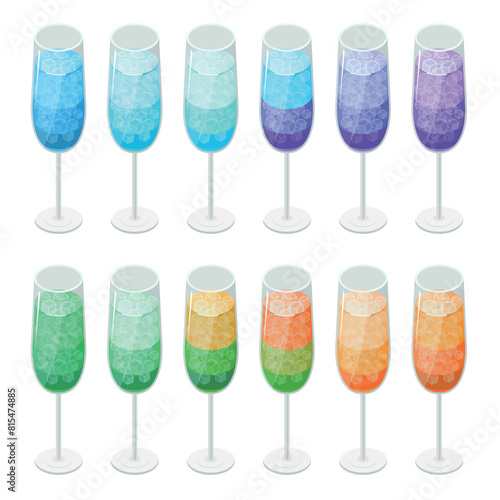 シャンパングラスに入ったカクテルのセット_アイソメトリックのイラスト