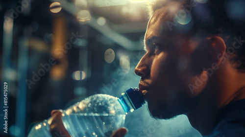 An atmospheric image of a gym member pausing to hydrate amidst the hustle and bustle of the fitness center, their focused expression reflecting the mindfulness and intentionality o