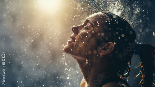 A striking shot of a woman pouring water over her head to cool down after a vigorous workout, the droplets catching the light as they cascade down her face and neck. Dynamic and dr photo
