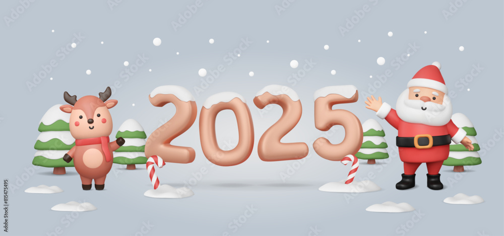 2025 New Year's banner with cute 3d Santa Claus waving his hand and baby deer. Snowy bubble numbers. Christmas trees and candy canes, cartoon characters. Vector illustration. Winter holiday card 2025 New Year's banner with cute 3d Santa Claus waving his hand and baby deer. Snowy bubble numbers. Christmas trees and candy canes, cartoon characters. Vector illustration. Winter holiday card