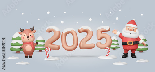 2025 New Year s banner with cute 3d Santa Claus waving his hand and baby deer. Snowy bubble numbers. Christmas trees and candy canes   cartoon characters. Vector illustration. Winter holiday card