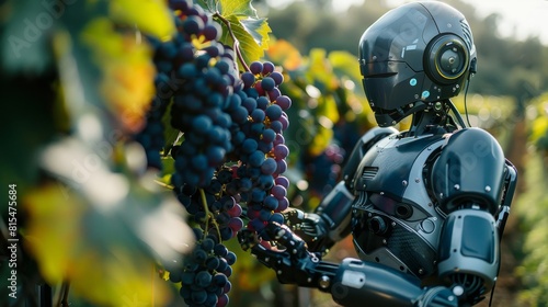 Agricultural robot performing grape picking and sorting for winemaking  front view  Winery worker  advanced tone  Analogous Color Scheme © Purichaya