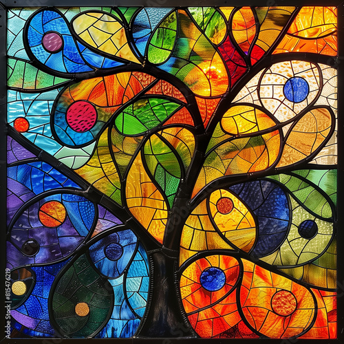 colorful stained glass tree, Wall painting home decor concept