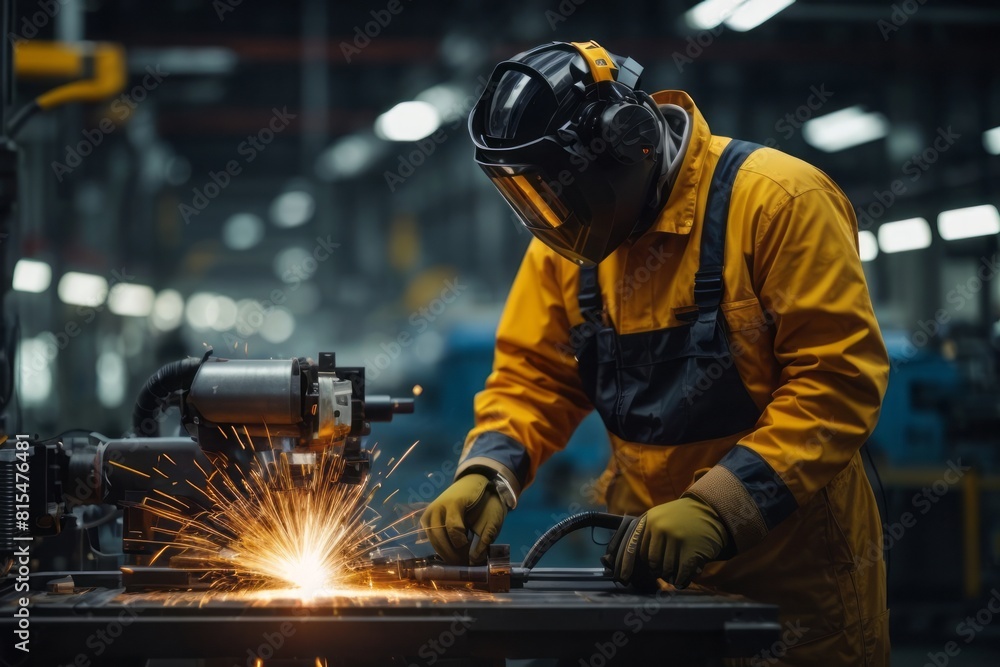 Machine engineer welding with automated welding robotics in industrial automotive manufacturing factory Machine engineer welding with automated welding robotics in industrial automotive manufacturing factory