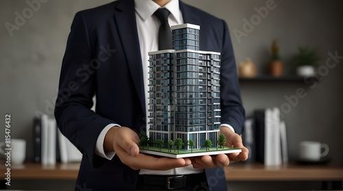 Businessman holding the condo model for advertisement.generative.ai