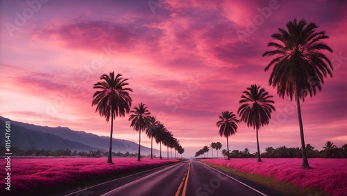 This image features a view from the driver’s perspective on a road lined with tall palm trees under an extraordinarily vibrant and surreal sky 