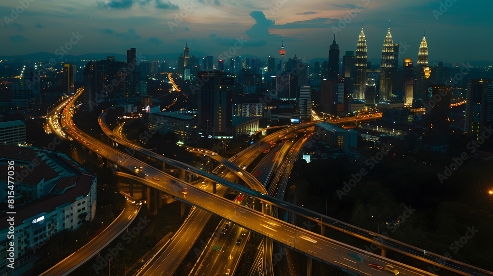 Low angle curvy flyover highway moving forward road with kuala lumpur cityscape evening scene view : Generative AI
