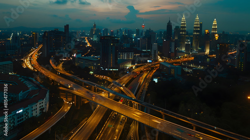 Low angle curvy flyover highway moving forward road with kuala lumpur cityscape evening scene view : Generative AI